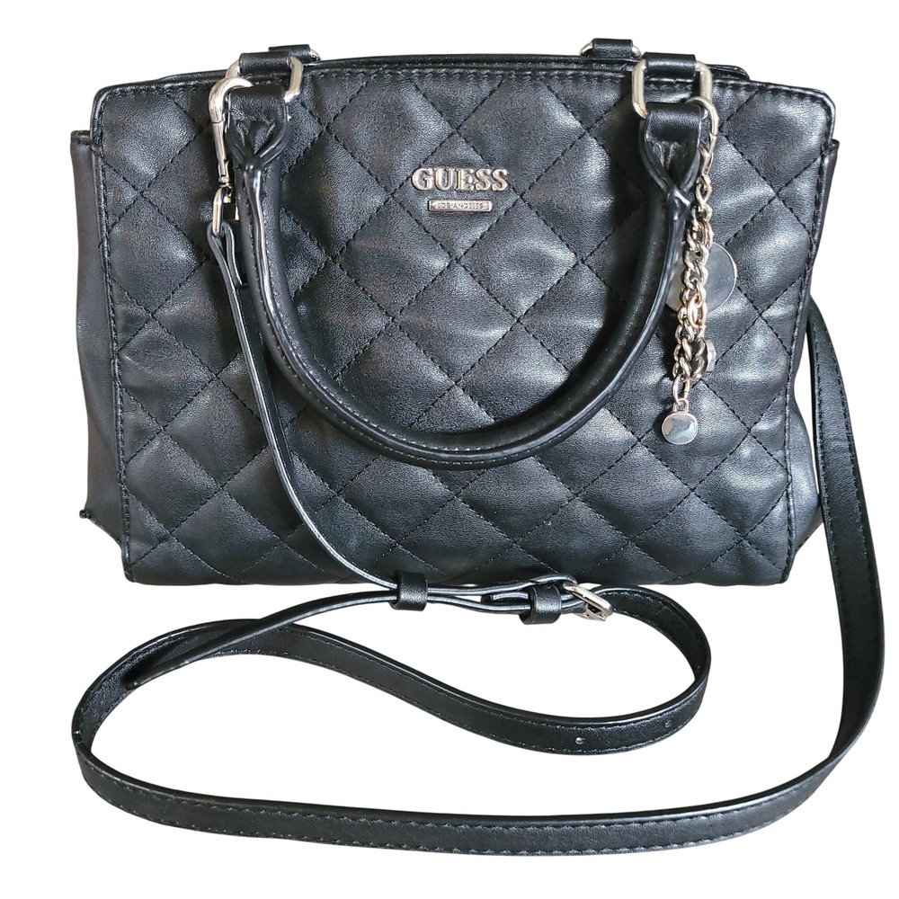 GUESS Quilted Black Satchel with Chain Accent